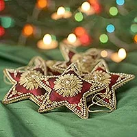 Beaded ornaments, 'Scarlet Stars' (set of 5) - Red Star Shaped Beaded Tree Ornaments from India (Set of 5)