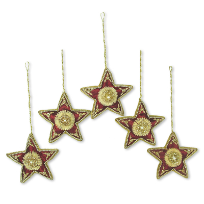 Beaded ornaments, 'Scarlet Stars' (set of 5) - Red Star Shaped Beaded Tree Ornaments from India (Set of 5)