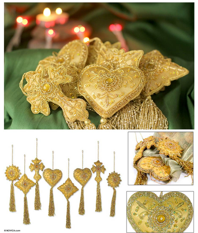 Beaded ornaments, 'Golden Splendor' (set of 8) - Golden Fair Trade Hand Beaded Ornaments (Set of 8)