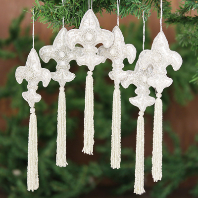 Beaded ornaments, 'Fleur-de-Lis' (set of 6) - Beaded ornaments (Set of 6)