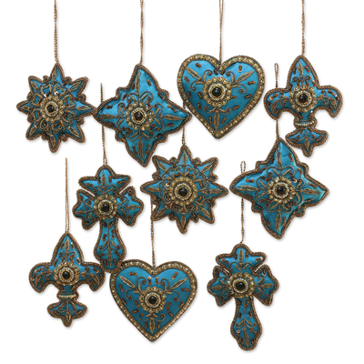 Beaded ornaments, 'Teal Joy' (set of 10) - Teal Hand Crafted Beaded Ornaments from India (Set of 10)