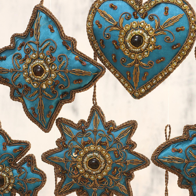 Beaded ornaments, 'Teal Joy' (set of 10) - Teal Hand Crafted Beaded Ornaments from India (Set of 10)