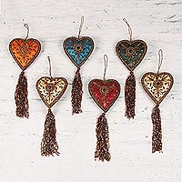 Beaded ornaments, 'Season of Love' (set of 6) - Indian colourful Hand Made Beaded Heart Ornaments (Set of 6)
