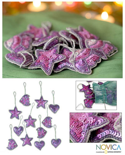 Beaded ornaments, 'World of Joy' (set of 12) - Purple Hand Beaded Ornaments from India (Set of 12)