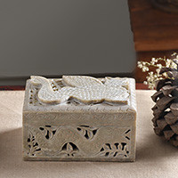 Soapstone jewelry box, 'Majestic Dragon' - Artisan Crafted Indian Openwork Soapstone Jewelry Box 