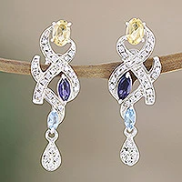 Pendientes candelabros de citrino y topacio azul - Pendientes candelabros de citrino y topacio azul