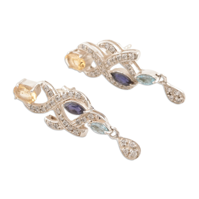 Citrine and blue topaz chandelier earrings, 'Indian Sonnet' - Citrine and blue topaz chandelier earrings