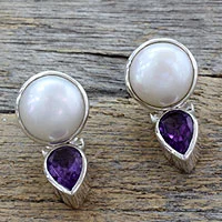 Cultured pearl and amethyst drop earrings, 'Flirting Moons'