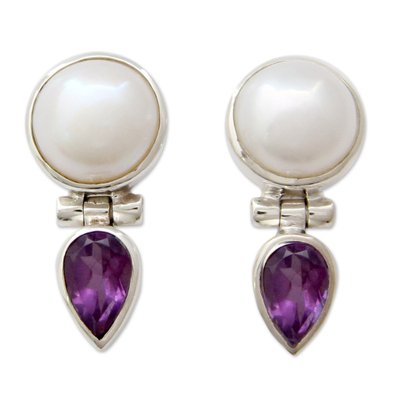Cultured pearl and amethyst drop earrings, 'Flirting Moons' - Hand Crafted Pearl and Amethyst Earrings from India