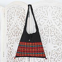 Cotton shoulder bag, 'Vibrant Tease' - Embroidered Cotton Shoulder Bag 