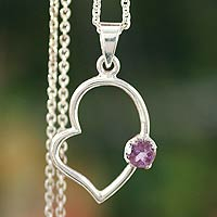 Amethyst pendant necklace, 'Young at Heart' - Amethyst Heart Necklace