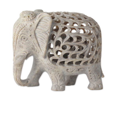 Soapstone sculptures, 'Elephant Duet' (set of 2) - Hand Carved Soapstone Jali Sculptures (Pair)