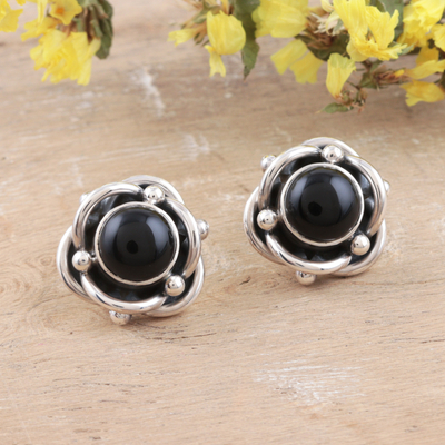 Onyx button earrings, 'Black Rose' - Fair Trade Onyx and Silver Button Earrings