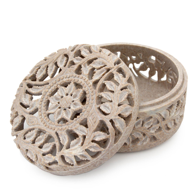Soapstone jewelry box, 'Floral Arabesque' - Handmade Jali Soapstone Jewelry Box