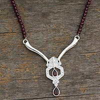 Garnet Y necklace, 'Sophisticate' - Sterling Silver Beaded Garnet Necklace