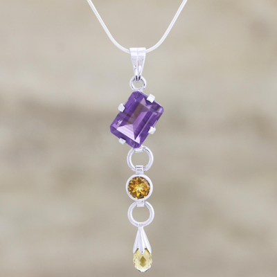 Citrine and amethyst pendant necklace, 'Honey Drop' - Citrine and amethyst pendant necklace