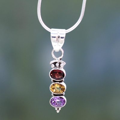 Amethyst and citrine pendant necklace, 'Trio' - Amethyst and citrine pendant necklace