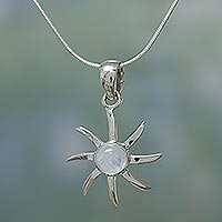 Rainbow moonstone pendant necklace, 'Rainbow Sun' - Moonstone and Sterling Silver Necklace Indian Jewelry
