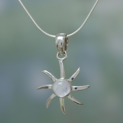 Rainbow moonstone pendant necklace, 'Rainbow Sun' - Moonstone and Sterling Silver Necklace Indian Jewelry