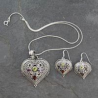 Amethyst and peridot jewelry set, 'Joyful Heart' - Handcrafted Heart-Shaped Pendant Necklace and Earrings Set