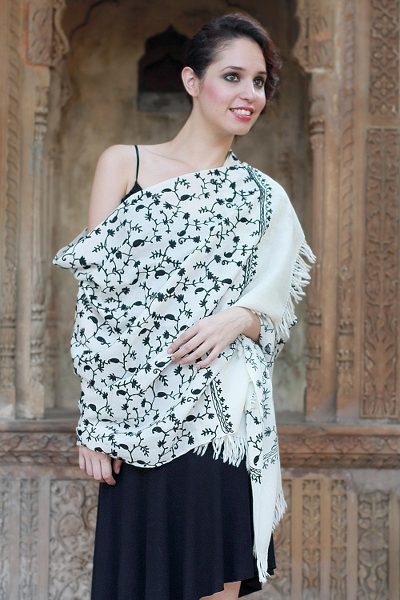 Wool shawl, 'Black Lilies' - Hand Made Women's Wrap Wool Embroidered Shawl