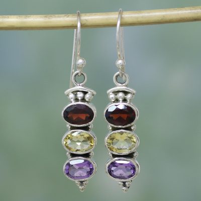 Garnet and citrine earrings, 'Indian Glow' - Garnet Citrine and Amethyst Earrings in Sterling Silver