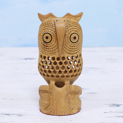 Wood statuette, 'Night Owl Mom' - Jali Art Sculpture Hand Carved in India
