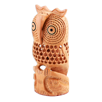 Wood statuette, 'Night Owl Mom' - Jali Art Sculpture Hand Carved in India