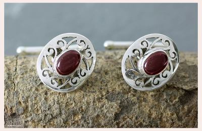 Garnet cufflinks, 'Royal Red Rose' - Collectible Sterling Silver Garnet Cufflinks Artisan Jewelry