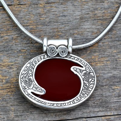 Carnelian pendant necklace, 'Royal Amulet' - Sterling Silver and Carnelian Necklace