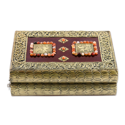Brass jewelry box, 'Elephant Heralds' - Fair Trade Repousse Brass jewellery Box