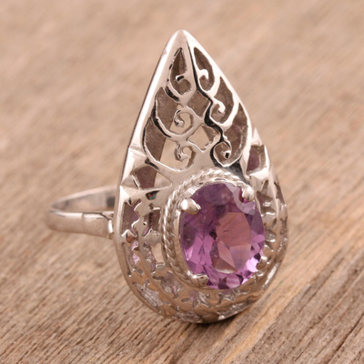 Amethyst solitaire ring, 'Teardrop' - Amethyst solitaire ring