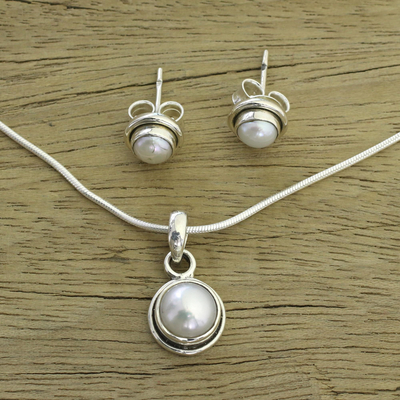 Pearl jewelry set, 'White Cloud' - Bridal Pearl jewellery Set in Sterling Silver 