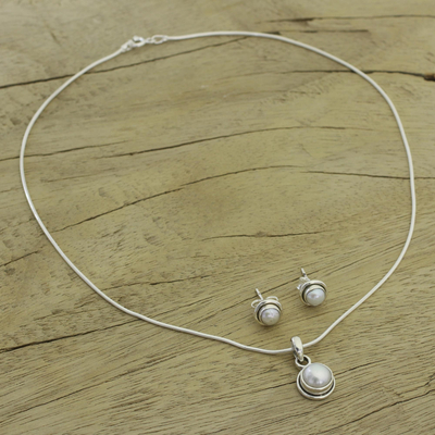 Pearl Jewellery set, 'White Cloud' - Bridal Pearl Jewellery Set in Sterling Silver 