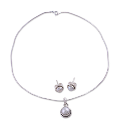 Pearl Jewellery set, 'White Cloud' - Bridal Pearl Jewellery Set in Sterling Silver 
