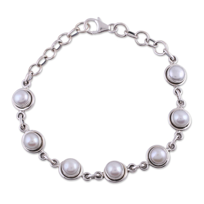 pulsera de eslabones de perlas - Pulsera de perlas de enlace de plata de ley nupcial hecha a mano