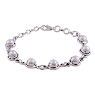 Pearl link bracelet, 'White Cloud' - Hand Made Bridal Sterling Silver Link Pearl Bracelet