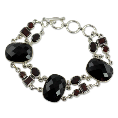 Onyx and garnet link bracelet, 'Exotic Drama' - Onyx Link Bracelet with Garnet and Sterling Silver 