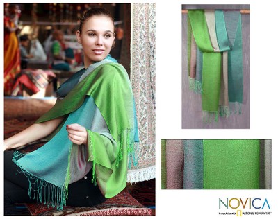 Silk and wool shawl, 'Green Allure' - Silk and wool shawl
