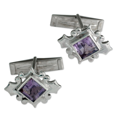 Amethyst cufflinks, 'Orchid' - Amethyst Cufflinks Sterling Silver 925 Handmade Men Jewellery