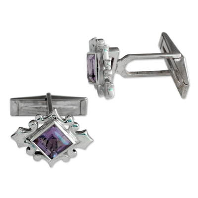 Amethyst cufflinks, 'Orchid' - Amethyst Cufflinks Sterling Silver 925 Handmade Men Jewelry