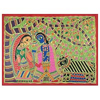 Pintura Madhubani, 'Krishna encuentra a Radha' - Pintura Madhubani