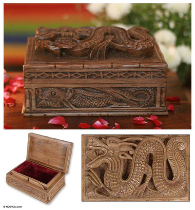 Wood jewelry box, 'Dragon Fortunes' - Carved Wood Jewelry Box