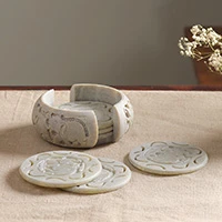 Soapstone coasters, 'Elephant Safari' (set of 6) - Soapstone coasters (Set of 6)