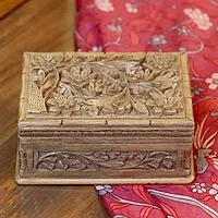 Walnut jewelry box, 'Enhancement' - Unique Wood Treasure Chest Jewelry Box with Floral Design