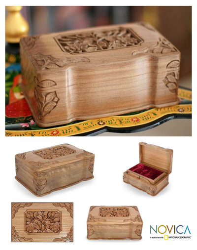 Walnut Jewellery box, 'Eternal Attraction' - Fair Trade Floral Wood Jewellery Box