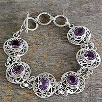 Amethyst link bracelet, 'Lilac Dew' - Amethyst and Sterling Silver Bracelet from India