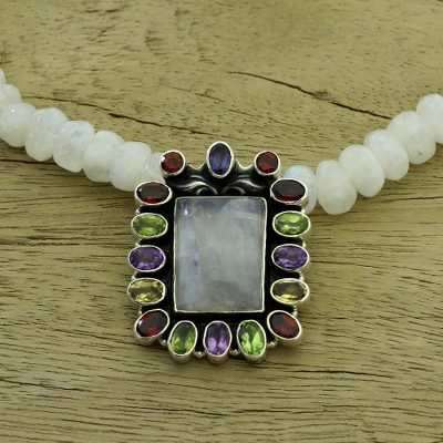 Rainbow moonstone pendant necklace, 'Misty Mirror' - Multigemstone Beaded Necklace Artisan Crafted Jewelry