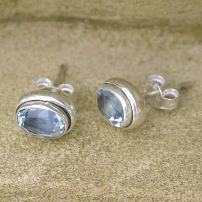 Blue topaz stud earrings, 'Sky Duet' - Blue Topaz Earrings Sterling Silver Studs 