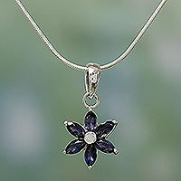 Iolite choker, 'Ocean Daisy' - Floral jewellery Iolite and Sterling Silver Necklace
